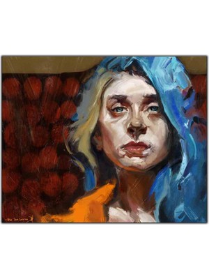 Tablo Dekor Mavi Saçlı Kadın Yağlı Boya Dokulu Tablo