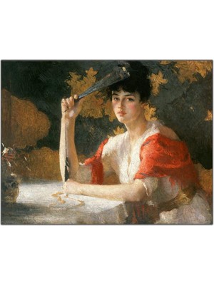 Tablo Dekor Siyah Yelpazeli Kırmızı Saçlı Kadın Yağlı Boya Dokulu Tablo