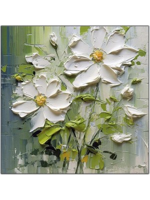 Tablo Dekor Yeşil Yapraklı Beyaz Çiçekler Yağlı Boya Dokulu Tablo