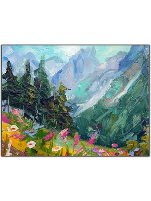 Tablo Dekor Dağın Eteklerindeki Pembe ve Beyaz Çiçekler Yağlı Boya Dokulu Tablo