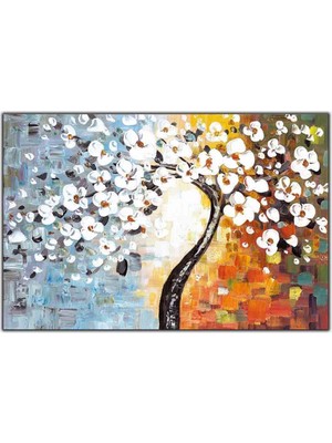 Tablo Dekor Beyaz Çiçekli Ağaç Yoğun Yağlı Boya Dokulu Tablo