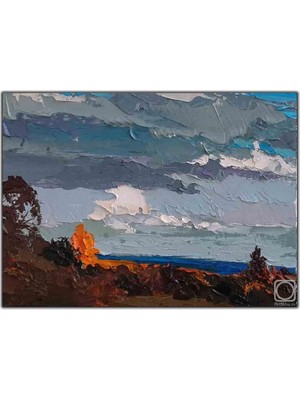 Tablo Dekor Deniz Manzaralı Gri Bulutlu Gökyüzü Yağlı Boya Dokulu Tablo