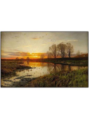 Tablo Dekor Gün Batımındaki Kızıl Gökyüzü ve Göl Orijinal Yağlı Boya Tablo