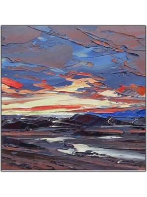 Tablo Dekor Gri ve Kırmızı Bulutlar Yağlı Boya Dokulu Tablo