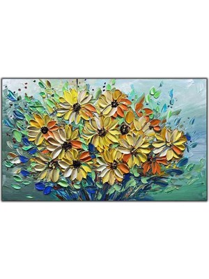 Tablo Dekor Yeşil Yapraklı Sarı Çiçekler Yoğun Yağlı Boya Dokulu Tablo