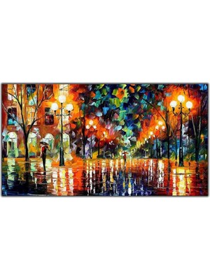 Tablo Dekor Sokak Lambalarının Altındaki Yollar Yağlı Boya Dokulu Tablo