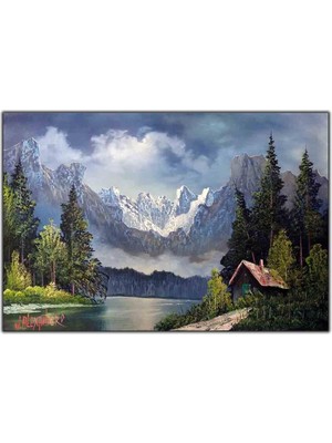Tablo Dekor Karlı Dağlar ve Kırmızı Çatılı Köy Evi Orijinal Yağlı Boya Tablo
