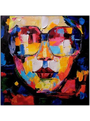 Tablo Dekor Renkli Gözlüklü Kadın Yağlı Boya Dokulu Tablo