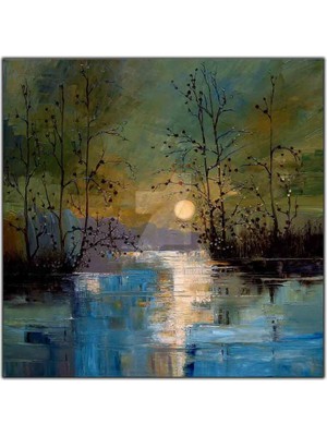 Tablo Dekor Dolunay ve Göl Yağlı Boya Dokulu Tablo