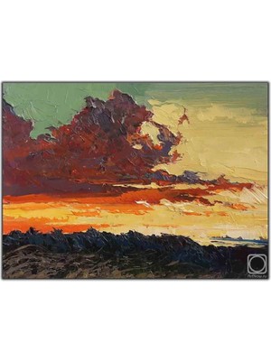 Tablo Dekor Mor Bulutlar ve Gün Batımı Manzarası Yağlı Boya Dokulu Tablo