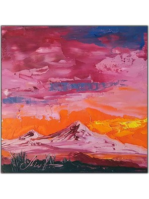 Tablo Dekor Pembe Dağ Manzarası Yağlı Boya Dokulu Tablo