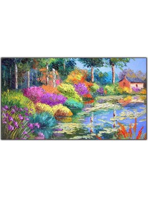 Tablo Dekor Göl Kenarındaki Renkli Çiçekler ve Küçük Ev Yağlı Boya Dokulu Tablo