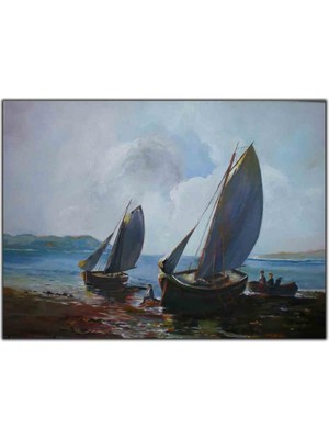 Tablo Dekor Kıyıya Çekilmiş Yelkenliler Yağlı Boya Dokulu Tablo