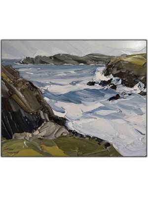 Tablo Dekor Kayalıların Kenarındaki Göl Yağlı Boya Dokulu Tablo