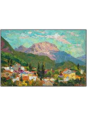 Tablo Dekor Küçük Köy Evleri ve Doğa Manzarası Yoğun Yağlı Boya Dokulu Tablo