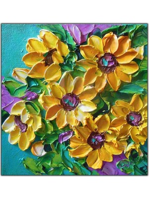 Tablo Dekor Yeşil Yapraklı Sarı Çiçekler Yoğun Yağlı Boya Dokulu Tablo