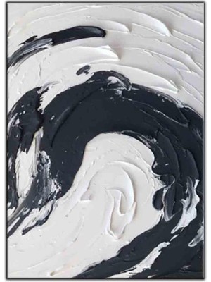 Tablo Dekor Soyut Siyah ve Beyaz Oval Çizgiler Orijinal Yağlı Boya Tablo