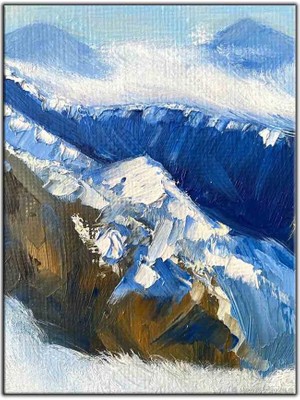 Tablo Dekor Beyaz ve Mavi Ağırlıklı Dağ Manzarası Yağlı Boya Dokulu Tablo