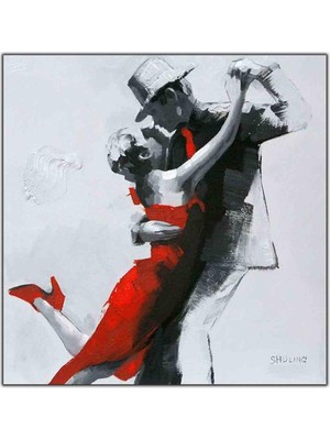 Tablo Dekor Kırmızı Elbiseli Tango Yapan Kadın Yağlı Boya Dokulu Tablo