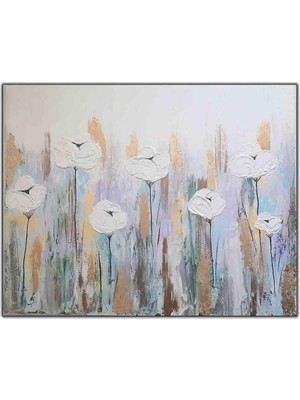 Tablo Dekor Beyaz Yapraklı Altın Çizgili Çiçekler Yaplı Boya Dokulu Tablo