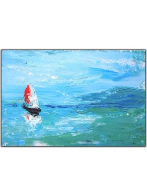 Tablo Dekor Açık Denizdeki Kırmızı ve Beyaz Renkli Yenkenli Gemi Yağlı Boya Dokulu Tablo