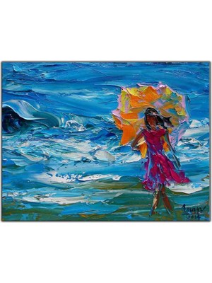 Tablo Dekor Deniz Kenarındaki Sarı Şemsiyeli Kadın Yağlı Boya Dokulu Tablo