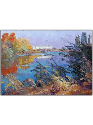Tablo Dekor Çalıların ve Ağaçların Arasındaki Göl Yağlı Boya Dokulu Tablo