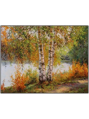 Tablo Dekor Turuncu ve Yeşil Yapraklı Ağaç ve Göl Orijinal Yağlı Boya Tablo