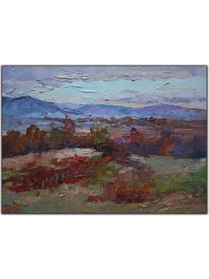 Tablo Dekor Mavi Gökyüzü ve Küçük Ağaçlar Yağlı Boya Dokulu Tablo