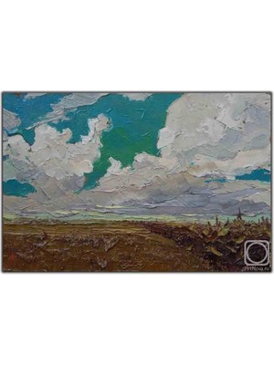 Tablo Dekor Mavi Gökyüzündeki Beyaz Bulutlar ve Kurak Toprak Yağlı Boya Dokulu Tablo