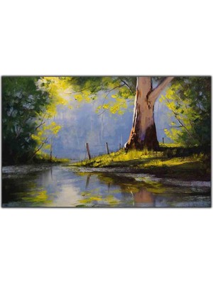 Tablo Dekor Göl Kenarındaki Yeşil Yapraklı Büyük Ağaç Yağlı Boya Dokulu Tablo