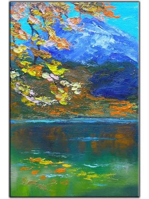 Tablo Dekor Turuncu ve Sarı Yaprakların Arkasındaki Dağ Yağlı Boya Dokulu Tablo