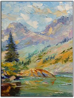 Tablo Dekor Küçük Çam Ağacı ve Dağlar Yağlı Boya Dokulu Tablo