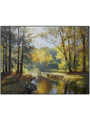 Tablo Dekor Yeşil Orman Göl ve Köprü Orijinal Yağlı Boya Tablo