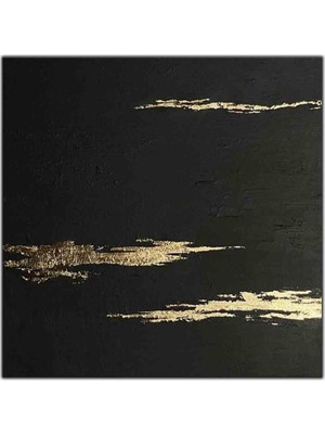 Tablo Dekor Soyut Siyah Zemin ve Altın Varak Çizgiler Orijinal Yağlı Boya Tablo