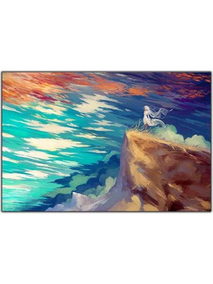 Tablo Dekor Uçurumun Kenarındaki Beyaz Saçlı Kadın Yağlı Boya Dokulu Tablo