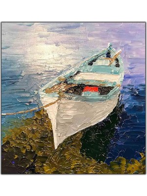 Tablo Dekor Kıyıya Bağlanmış Beyaz Tekne Yağlı Boya Dokulu Tablo