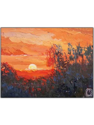 Tablo Dekor Kırmızı Gün Batımı Manzarası Yağlı Boya Dokulu Tablo