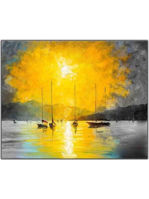 Tablo Dekor Sarı Güneş Işığındaki Yelkenliler Yağlı Boya Dokulu Tablo