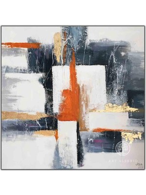 Tablo Dekor Sarı Lacivert ve Turuncu Çizgiler Yağlı Boya Dokulu Tablo