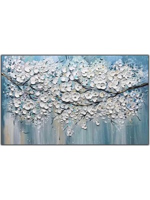 Tablo Dekor Daldaki Beyaz Yapraklı Çiçekler Yoğun Yağlı Boya Dokulu Tablo