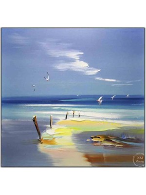 Tablo Dekor Mavi Deniz Sahil ve Martılar Orijinal Yağlı Boya Tablo