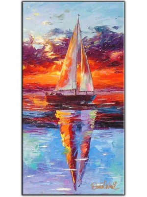 Tablo Dekor Günbatımındaki Yelkenli Yağlı Boya Dokulu Tablo