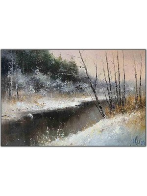 Tablo Dekor Irmağın Kenarındaki Yaprakları Dökülmüş Ağaçlar ve Kar Yağlı Boya Dokulu Tablo