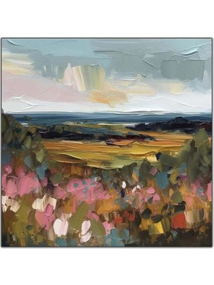 Tablo Dekor Pembe Çiçeklerin Arkasındaki Manzara Yağlı Boya Dokulu Tablo