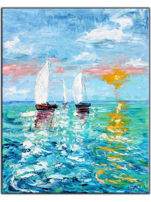 Tablo Dekor Denizin Ortasındaki Beyaz Yelkenliler ve Güneş Yağlı Boya Dokulu Tablo