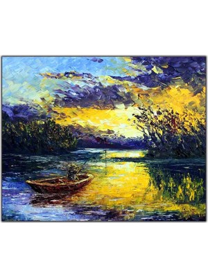 Tablo Dekor Göldeki Küçük Tekne ve Çiçekler Yağlı Boya Dokulu Tablo