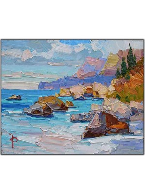 Tablo Dekor Mavi Deniz ve Kayalıklar Yağlı Boya Dokulu Tablo