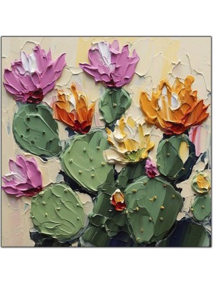 Tablo Dekor Çiçek Açan Kaktüs Yağlı Boya Dokulu Tablo