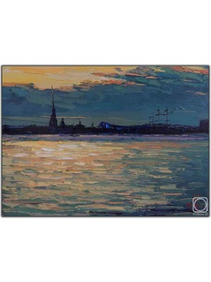 Tablo Dekor Denize Yansıyan Gün Batımı ve Karanlık Şehir Yağlı Boya Dokulu Tablo